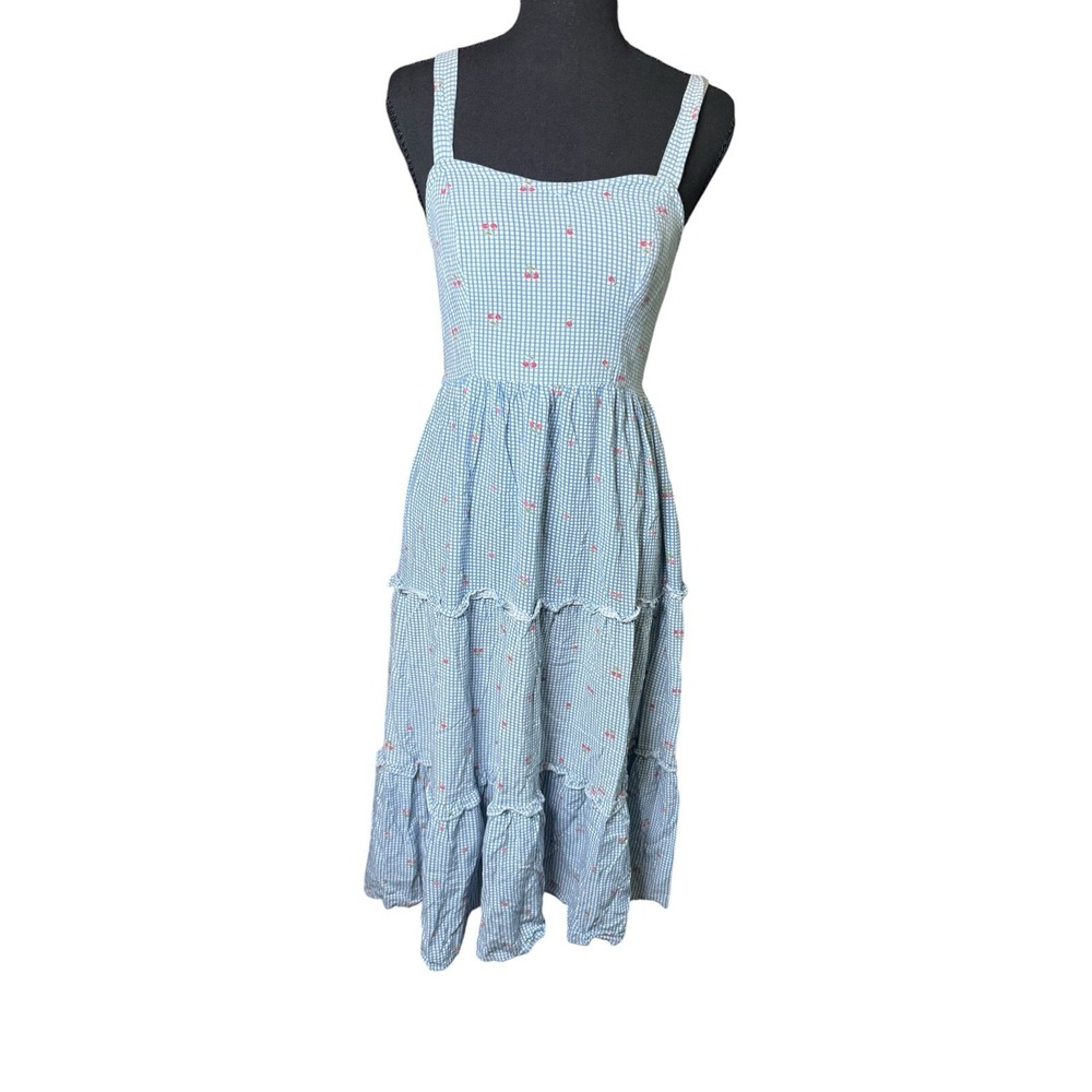 Japna Midi Dress Womens Small Blue Gingham Cherry Print Tiered Smocked